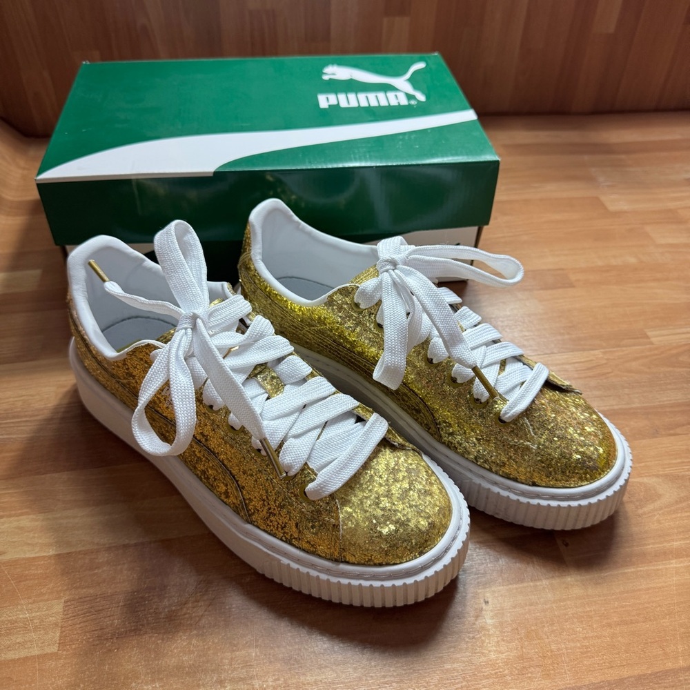 Puma basket platform glitter gold sneakers size 8.5